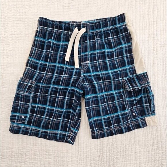 Nike Plaid Board Shorts Men's Medium Blue White 9" Inseam EUC Drawstring - Picture 1 of 12